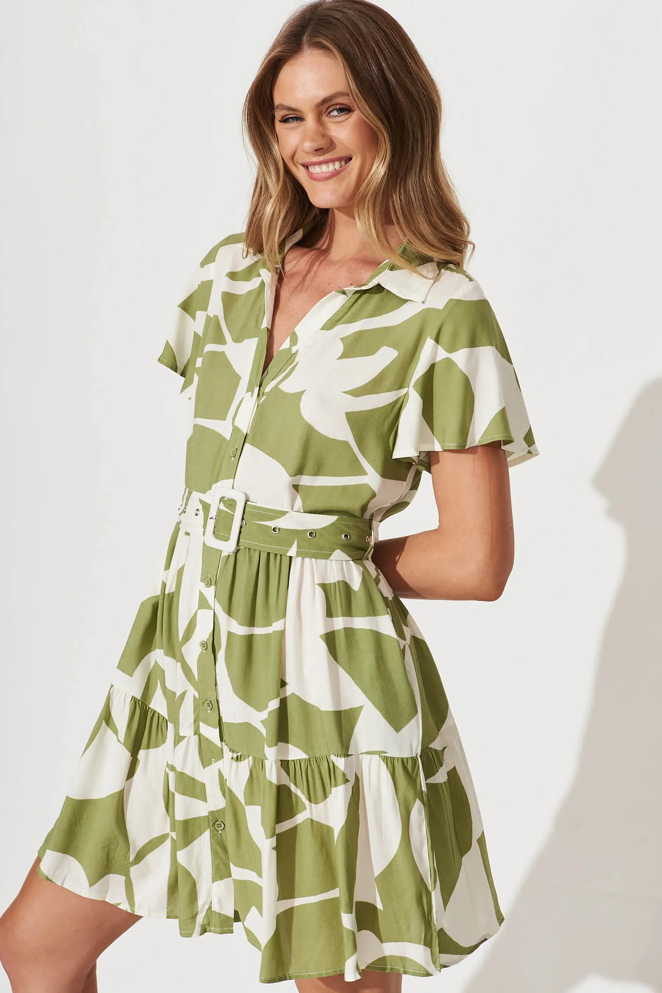 Notting Hill Shirt Dress In Olive And Cream Geometric Print sold by St Frock product image thumbnail 2