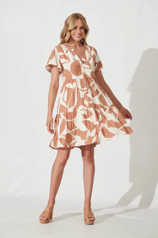 Beatrice Smock Dress In Tan With Cream Geometric Print sold by St Frock