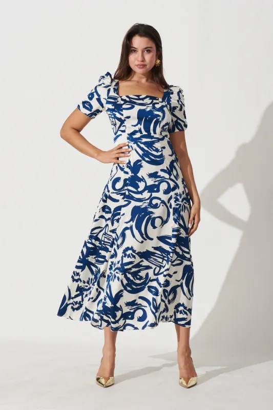 Sonia Maxi Dress In White With Navy Print sold by St Frock