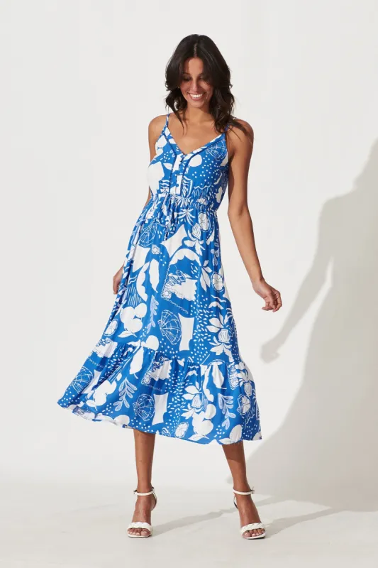 Onyx Midi Dress In Cobalt Blue With White Print sold by St Frock