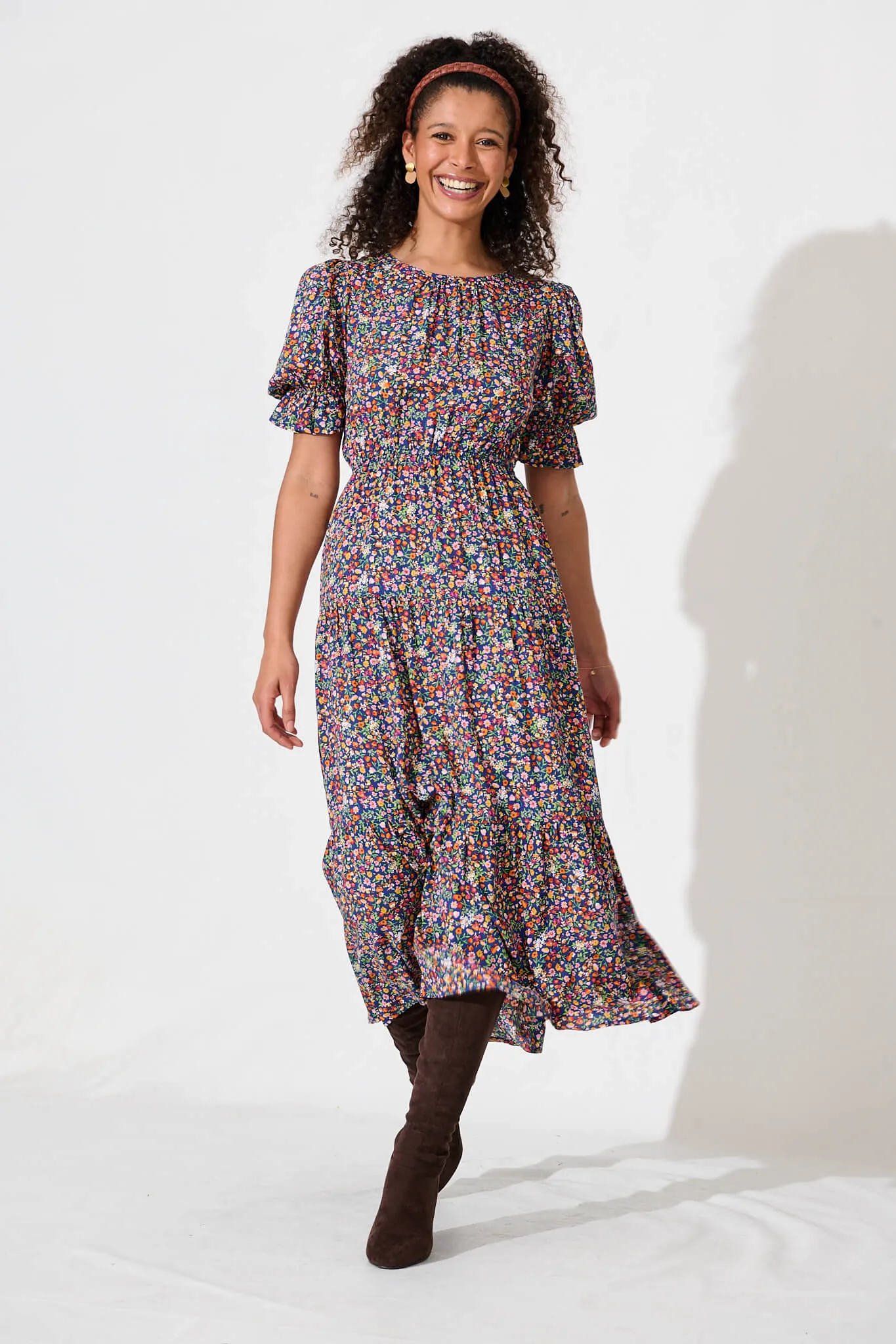 Laura Midi Dress In Blue Multi Ditsy sold by St Frock