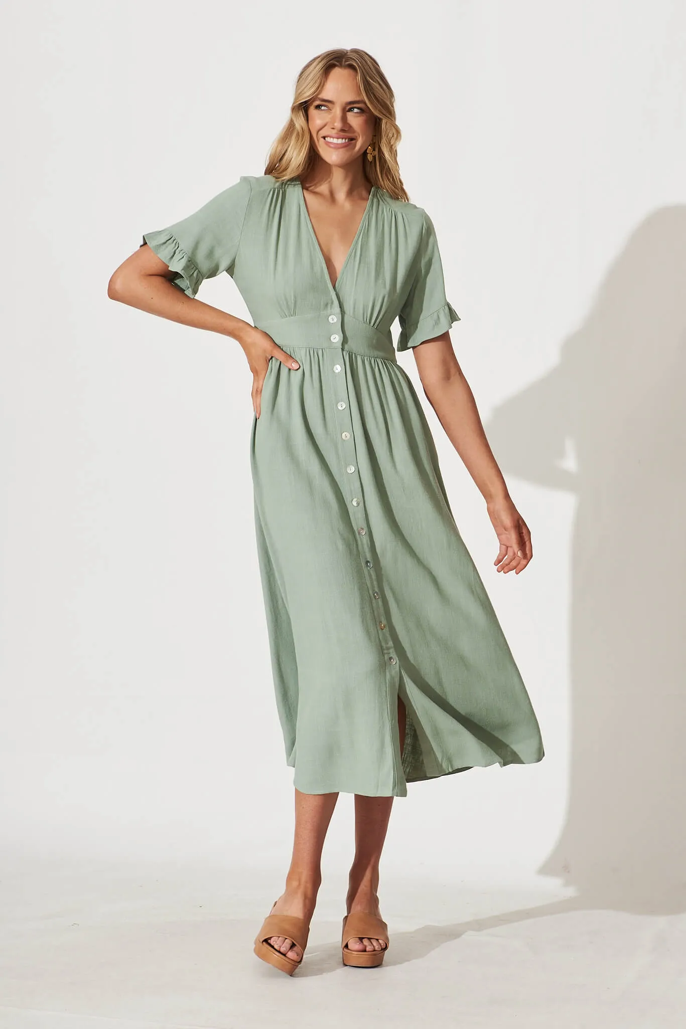 Aire Midi Dress In Sage Green Linen sold by St Frock