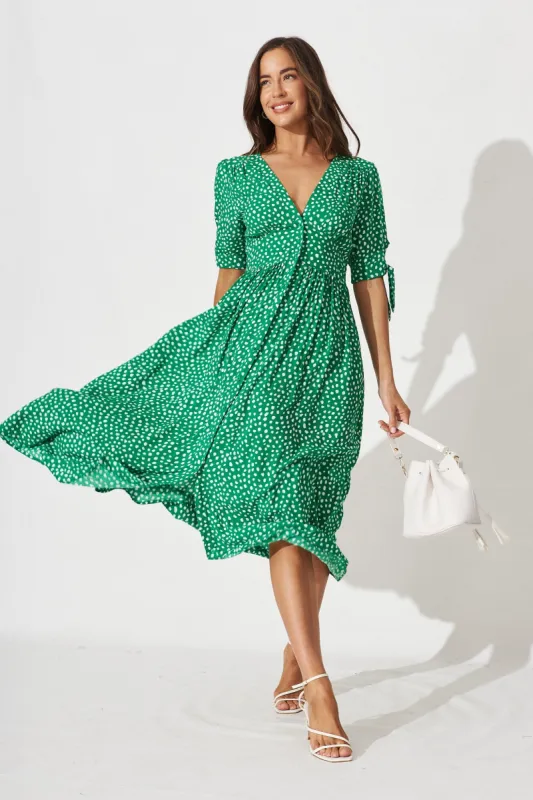 Akari Midi Dress In Green With White Speckle sold by St Frock