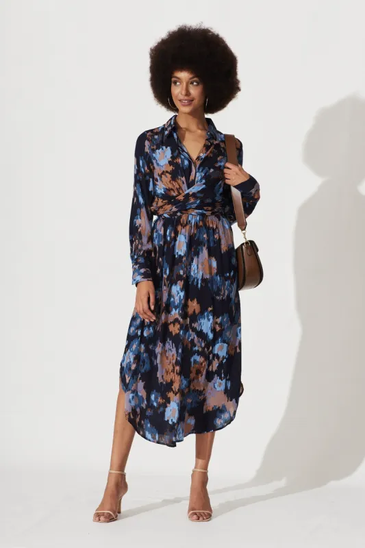 Harley Midi Dress In Navy With Brown Print sold by St Frock
