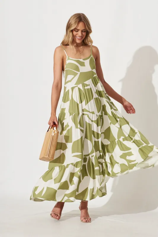 Matilda Maxi Sundress In Khaki With White Print sold by St Frock