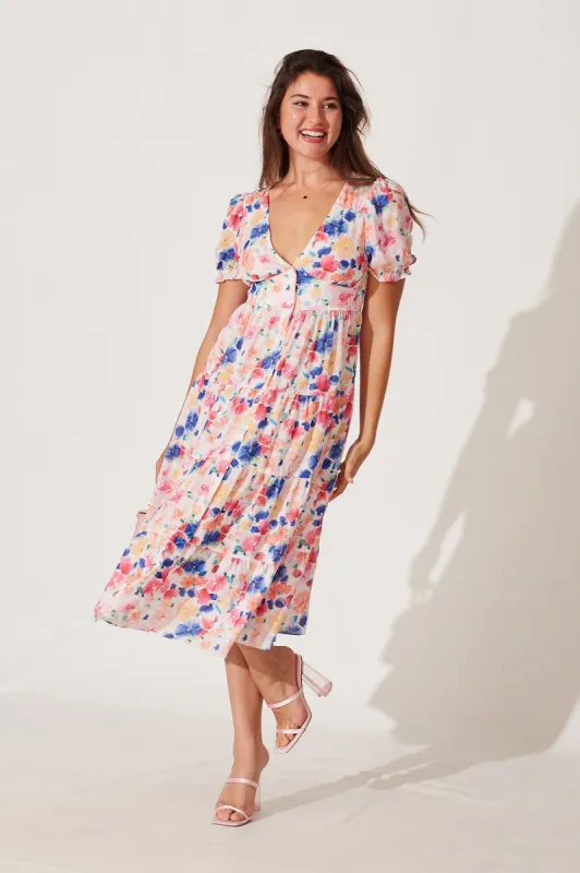 Esmeralda Midi Shirt Dress In White With Pink And Blue Floral sold by St Frock