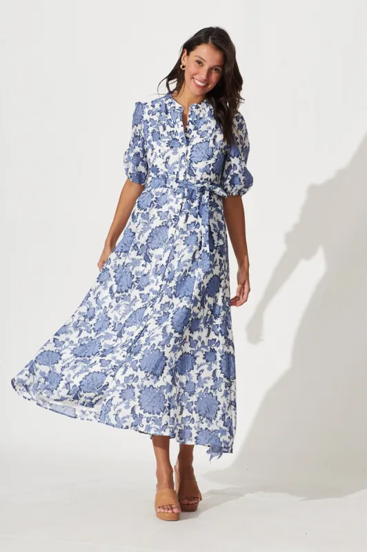 Loriet Maxi Shirt Dress In Blue With White Floral Cotton Blend sold by St Frock