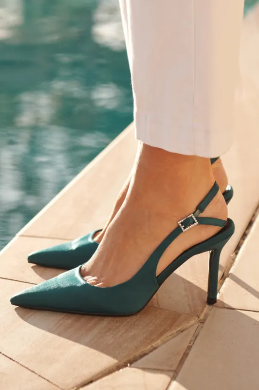 Gala Closed Toe Slingback Stiletto Heels In Teal Satin With Diamante Buckle sold by St Frock