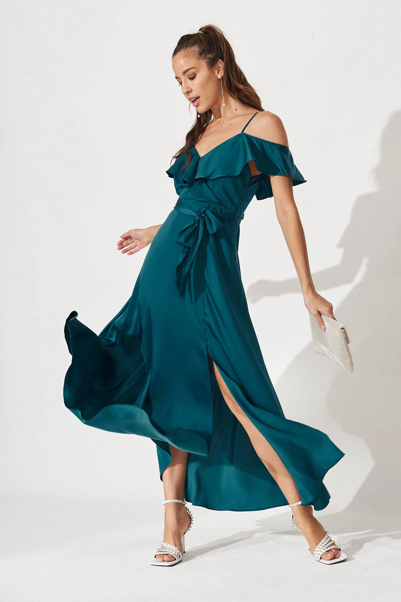 Marit Maxi Dress In Teal Satin sold by St Frock