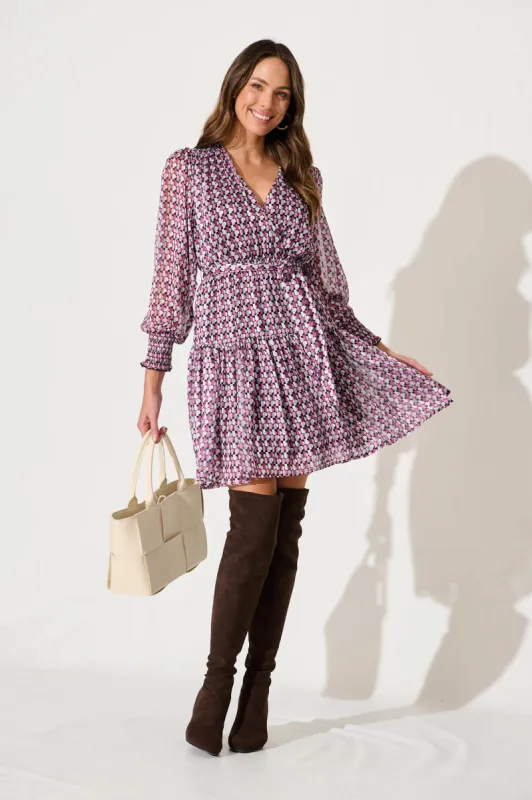 Dara Dress In Pink And Purple Geometric Chiffon sold by St Frock