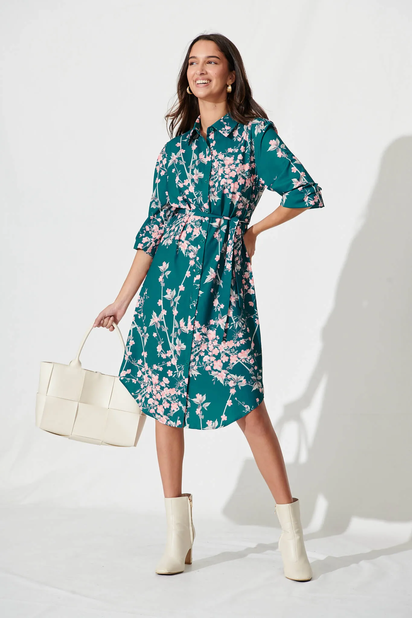 Maddington Shirt Dress In Teal With Pink Cherry Blossom sold by St Frock
