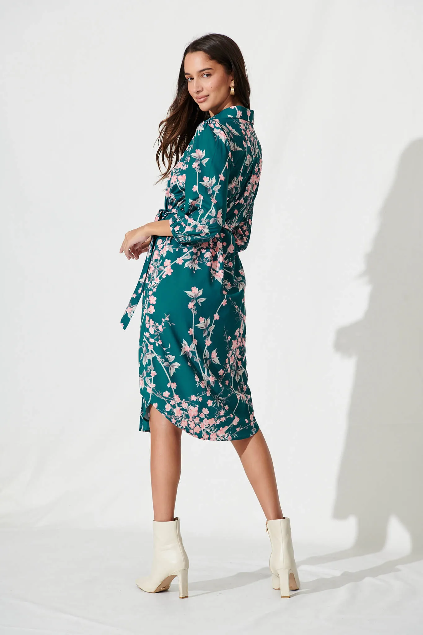 Maddington Shirt Dress In Teal With Pink Cherry Blossom sold by St Frock product image thumbnail 5