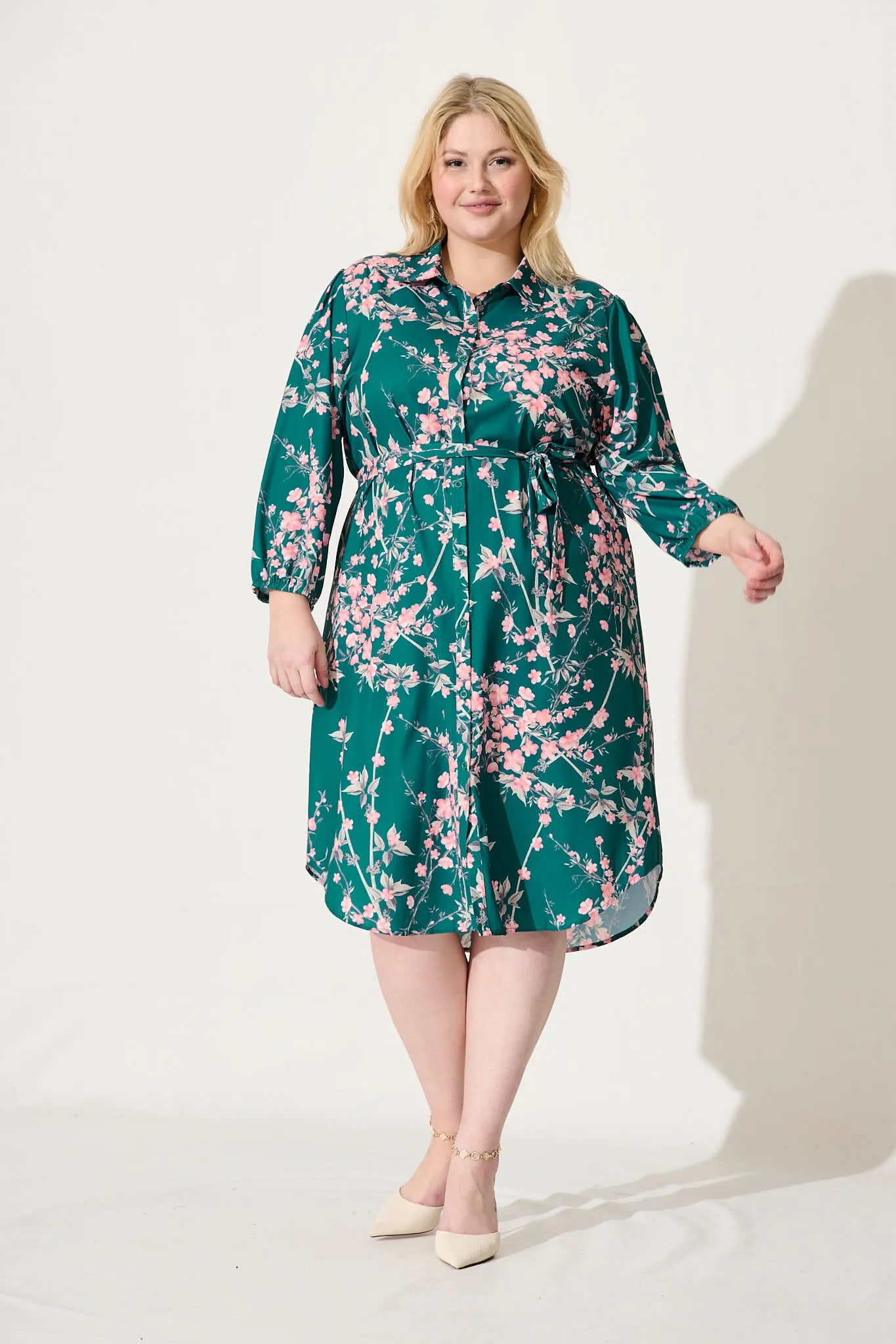 Maddington Shirt Dress In Teal With Pink Cherry Blossom sold by St Frock product image thumbnail 2
