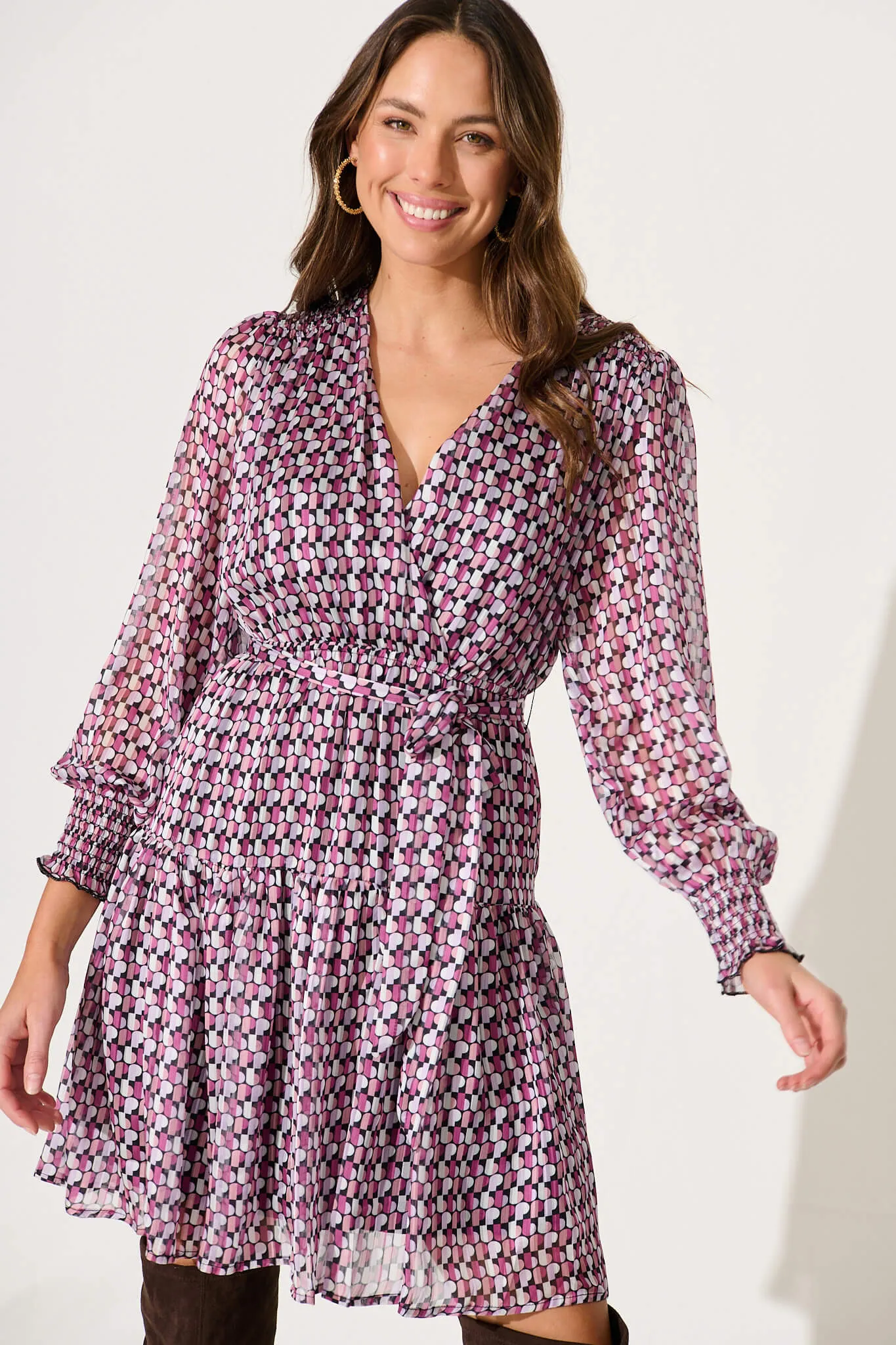 Dara Dress In Pink And Purple Geometric Chiffon sold by St Frock product image thumbnail 2