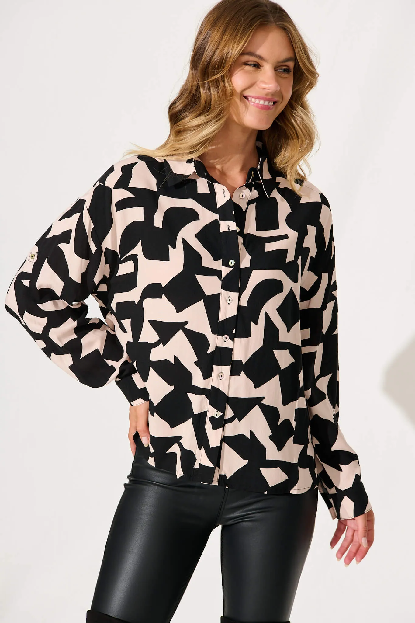 Greta Shirt In Black And Sand Geometric Print sold by St Frock