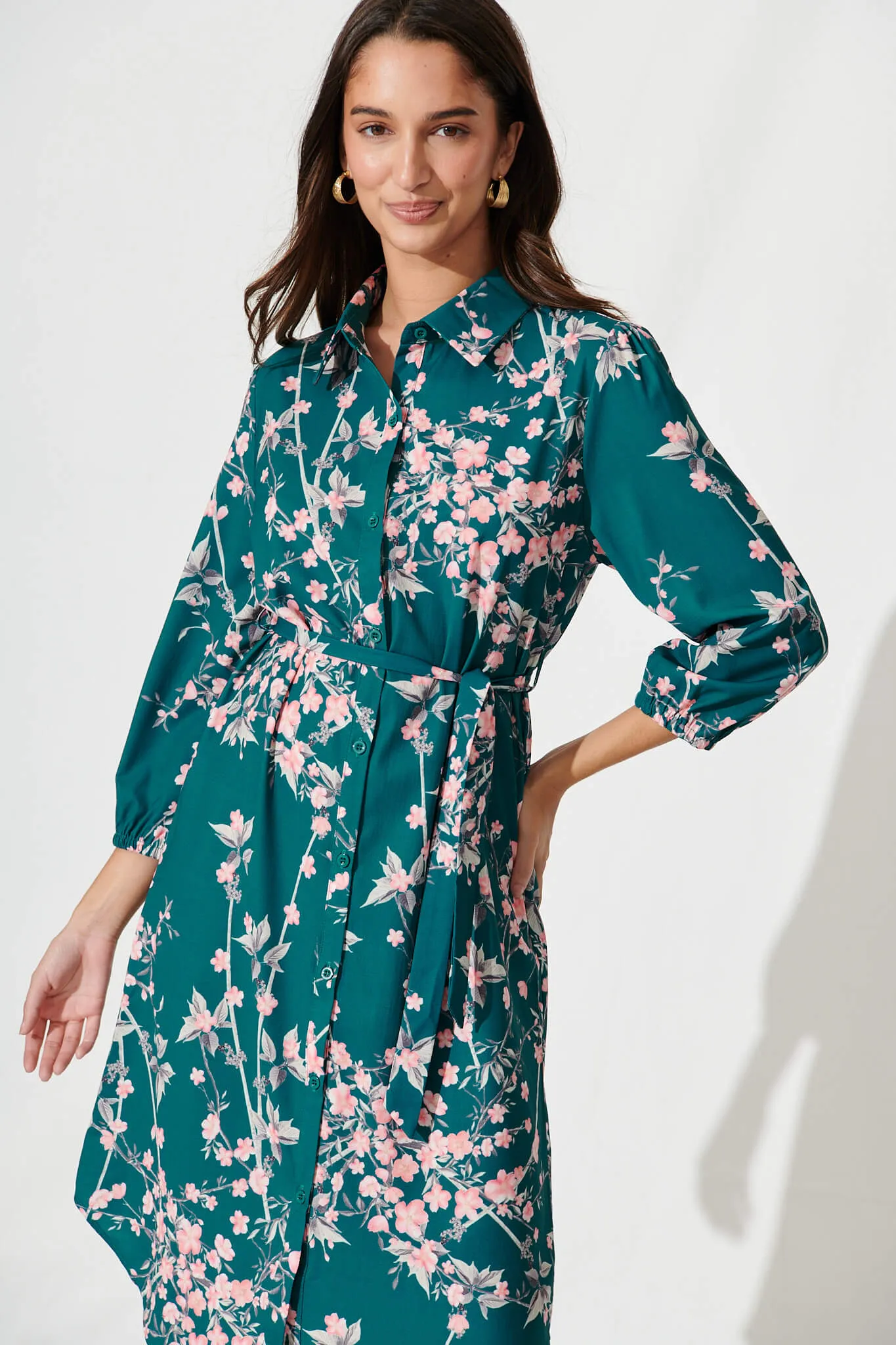 Maddington Shirt Dress In Teal With Pink Cherry Blossom sold by St Frock product image thumbnail 3