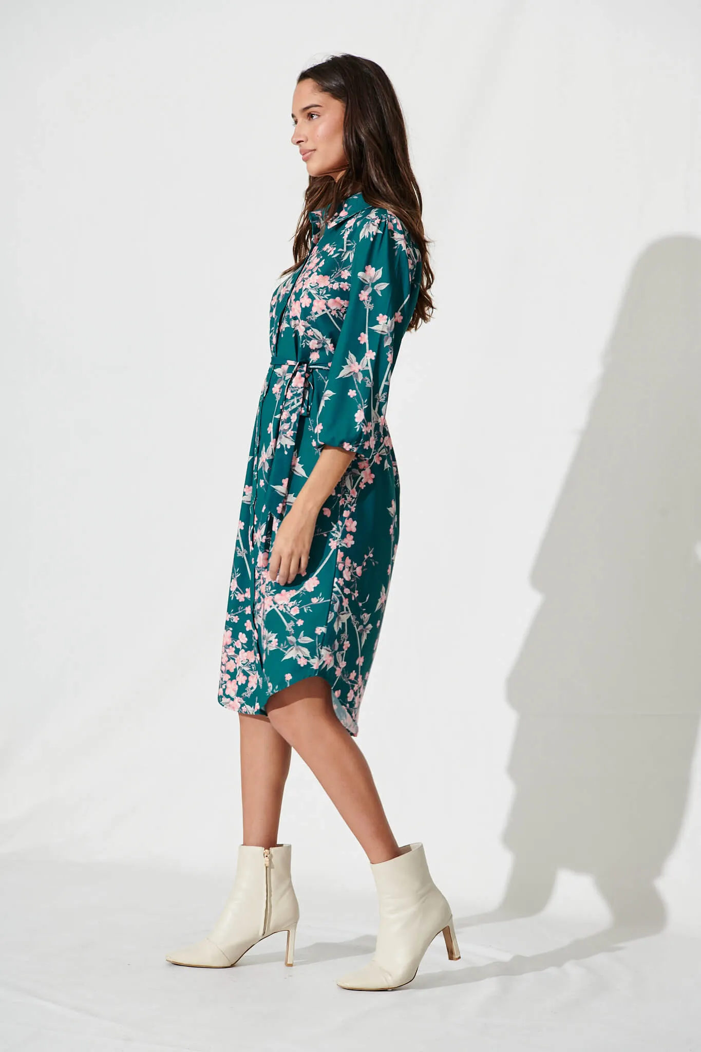 Maddington Shirt Dress In Teal With Pink Cherry Blossom sold by St Frock product image thumbnail 4