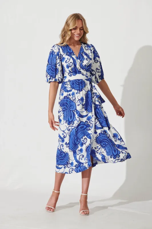 Nomi Midi Wrap Dress In White With Cobalt Print Linen Blend sold by St Frock