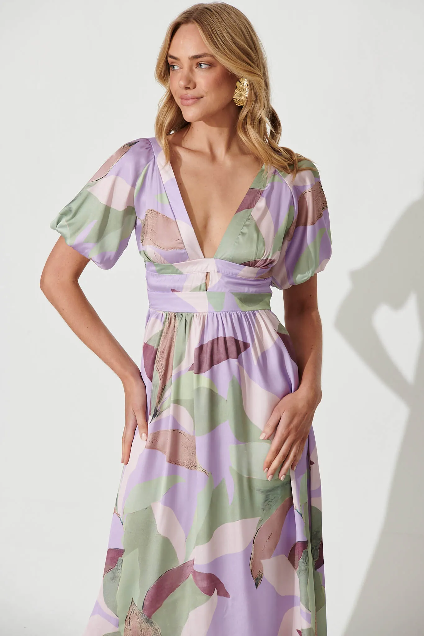 Mel Maxi Dress In Lilac Multi Leaf Print Satin sold by St Frock product image thumbnail 2