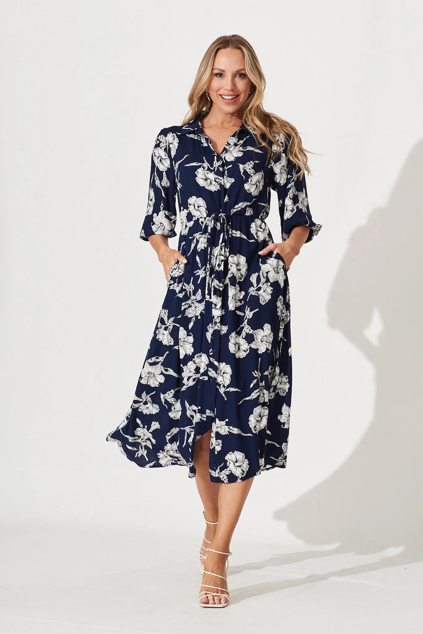 Davina Midi Shirt Dress In Navy With White Floral Print sold by St Frock
