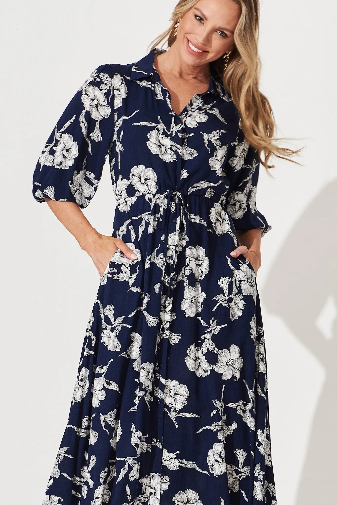 Davina Midi Shirt Dress In Navy With White Floral Print sold by St Frock product image thumbnail 2