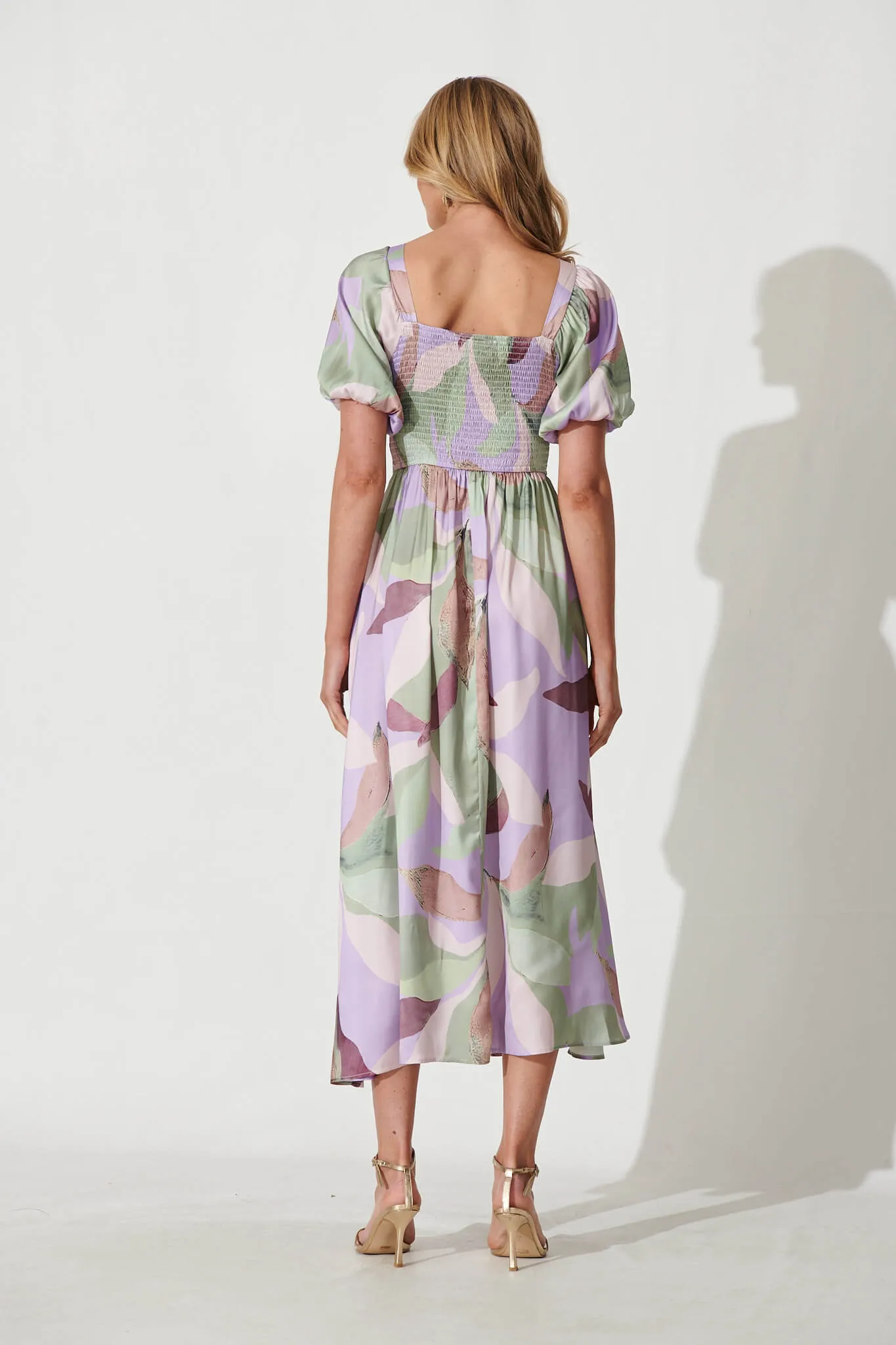Mel Maxi Dress In Lilac Multi Leaf Print Satin sold by St Frock product image thumbnail 4