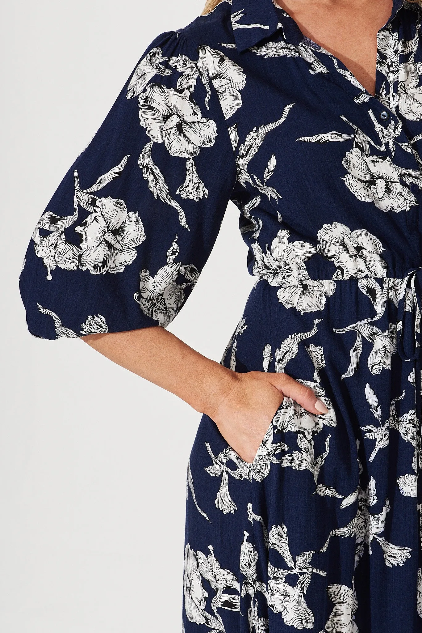 Davina Midi Shirt Dress In Navy With White Floral Print sold by St Frock product image thumbnail 5