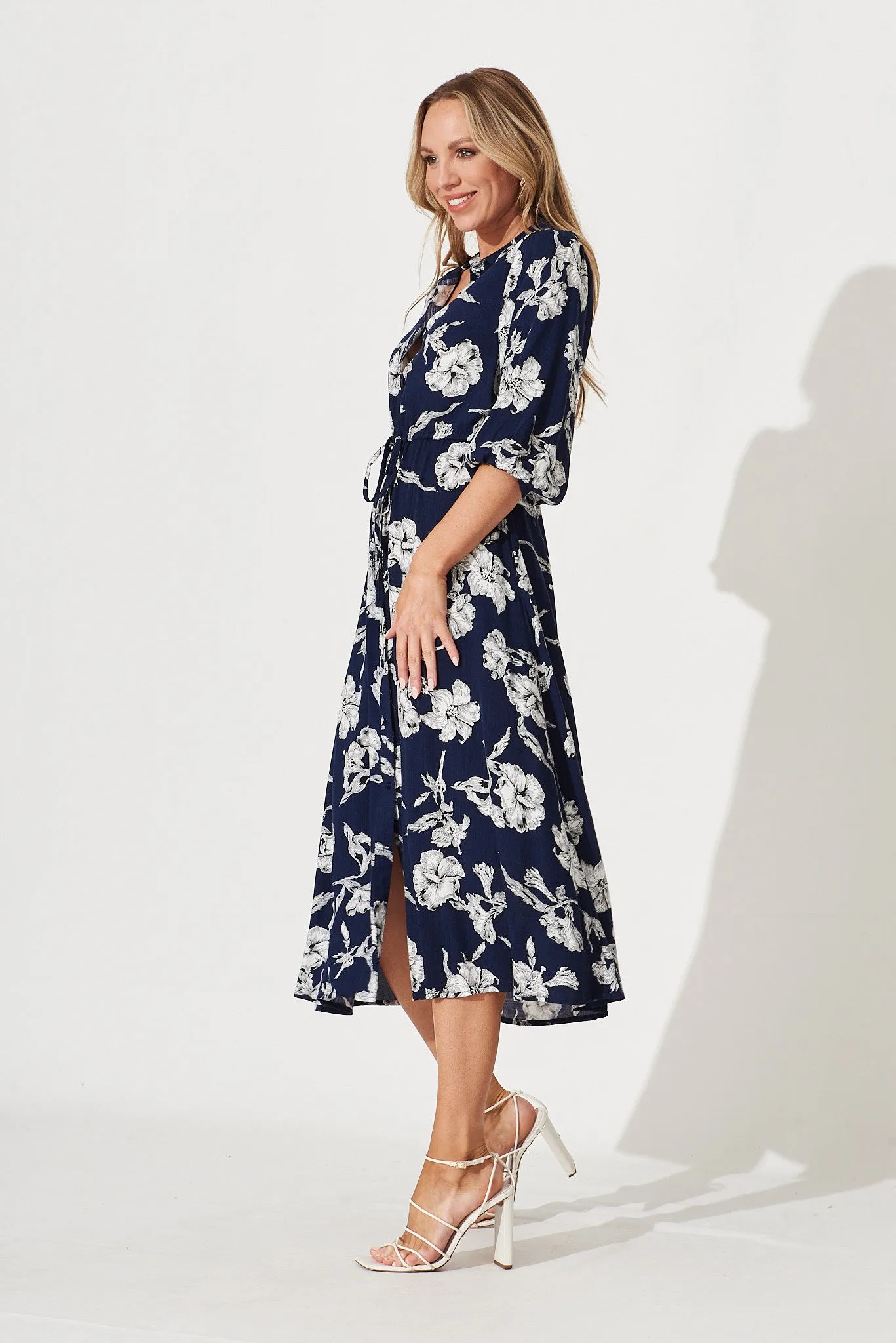 Davina Midi Shirt Dress In Navy With White Floral Print sold by St Frock product image thumbnail 3