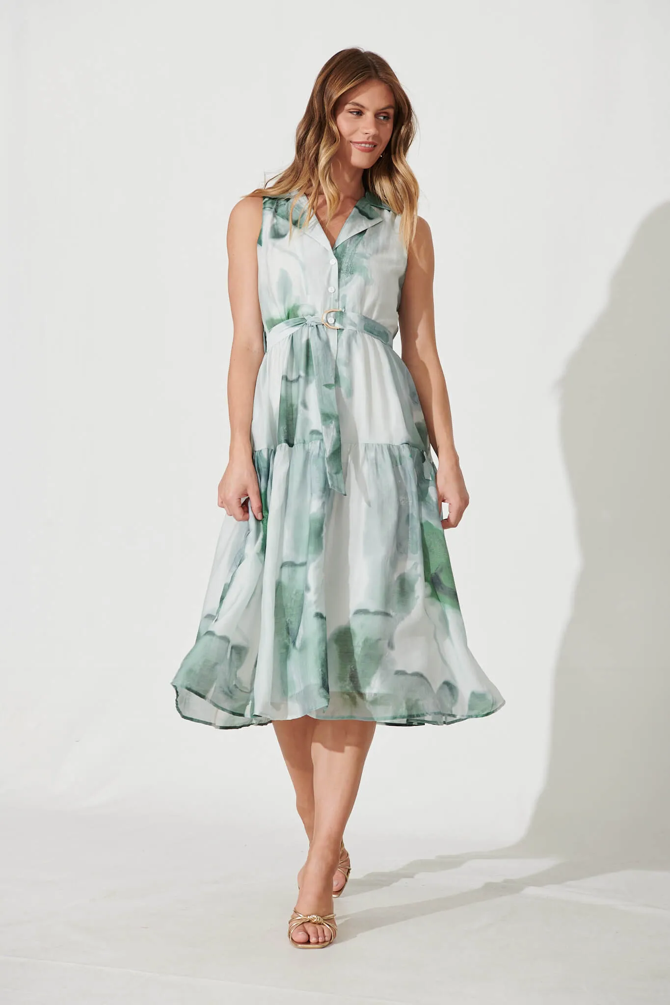 Zali Midi Shirt Dress In Green Watercolour Cotton Blend sold by St Frock product image thumbnail 5