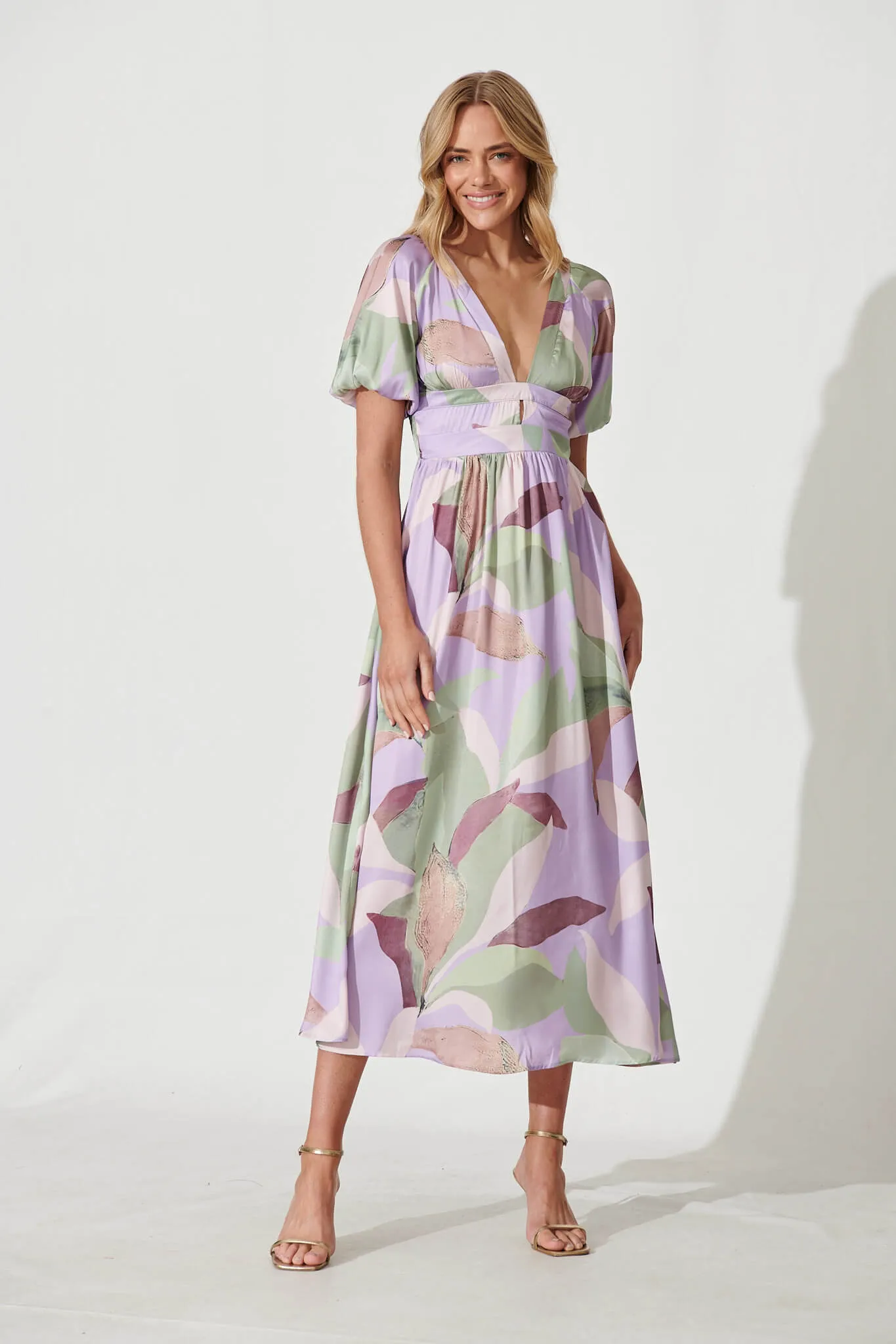 Mel Maxi Dress In Lilac Multi Leaf Print Satin sold by St Frock