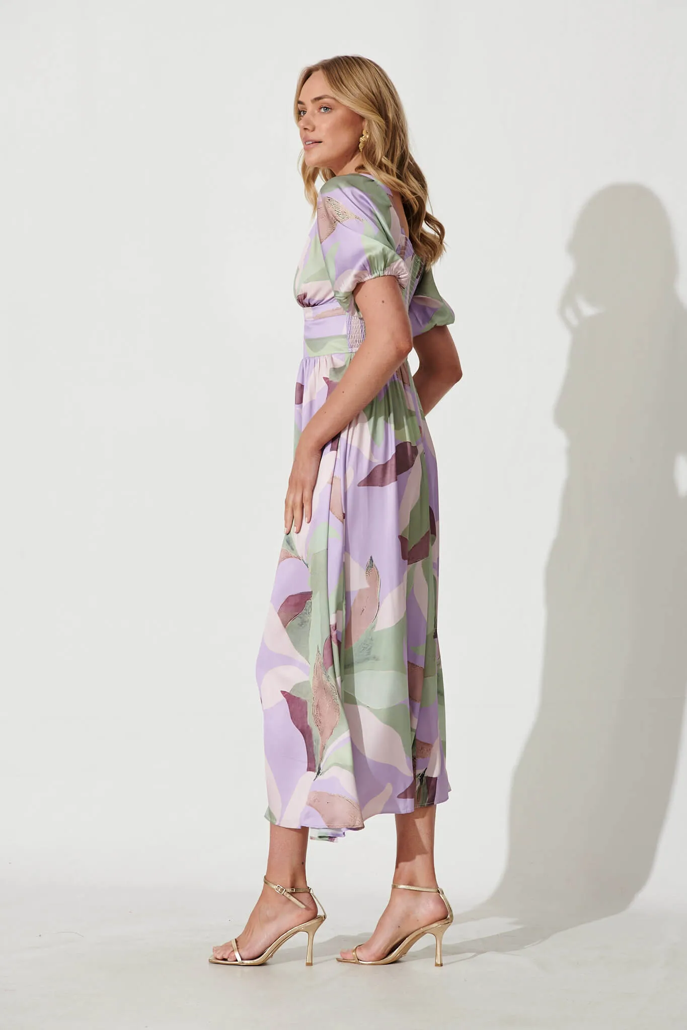 Mel Maxi Dress In Lilac Multi Leaf Print Satin sold by St Frock product image thumbnail 3