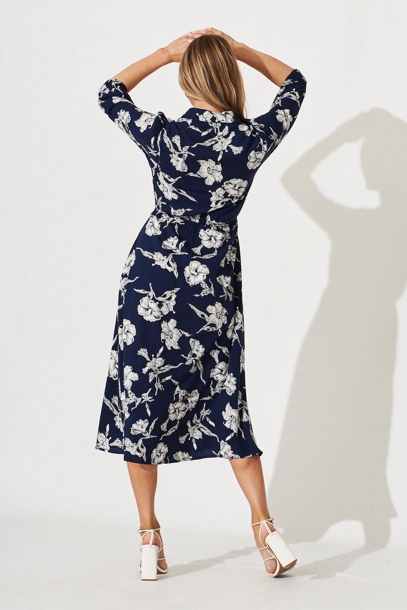 Davina Midi Shirt Dress In Navy With White Floral Print sold by St Frock product image thumbnail 4