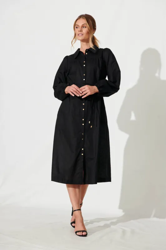 Landed Midi Shirt Dress In Black Cotton Linen sold by St Frock