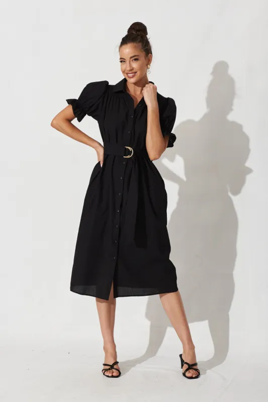 Sicilly Midi Shirt Dress In Black Cotton sold by St Frock