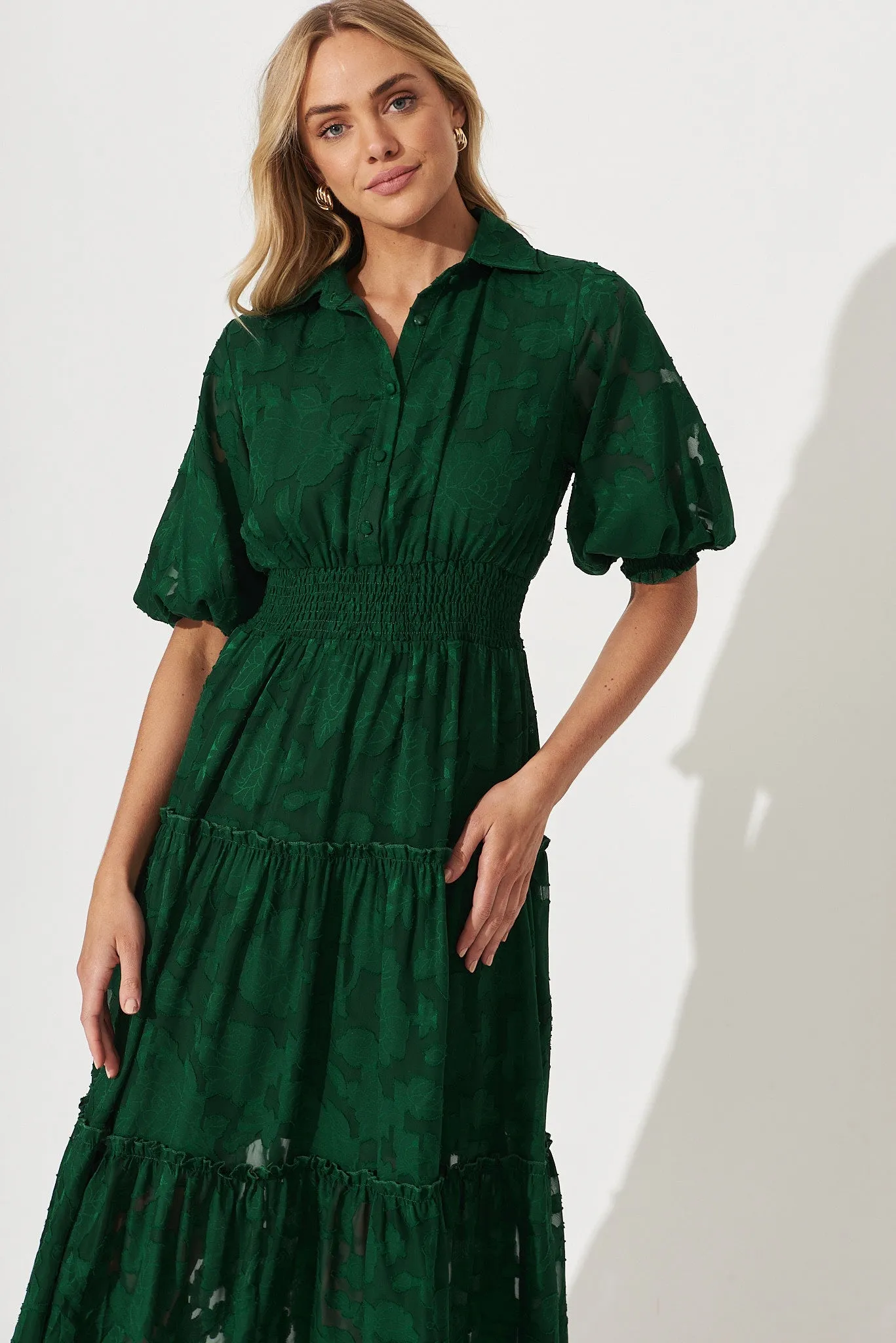 Brittney Midi Dress In Emerald Burnout Chiffon sold by St Frock product image thumbnail 2