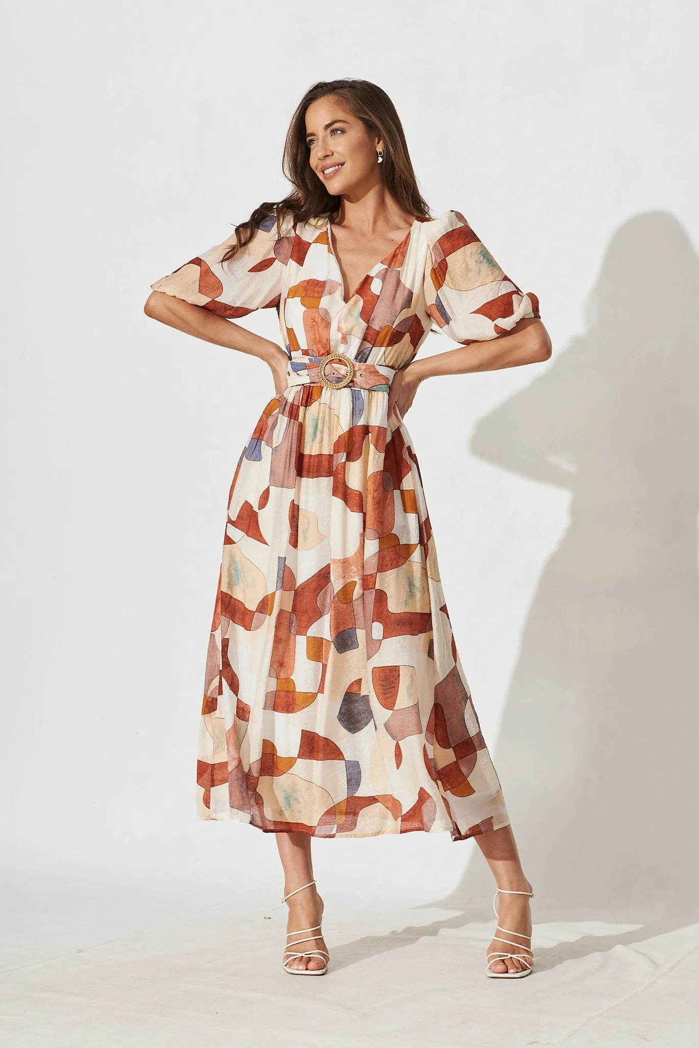 Dilly Midi Dress In Rust With Beige Print sold by St Frock
