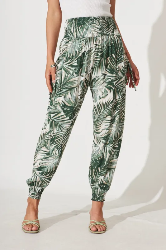 Gabby Lounge Pants In White With Green Leaf Print sold by St Frock