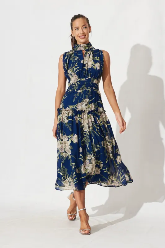 Roxanna Midi Dress In Navy With Beige Floral Chiffon sold by St Frock