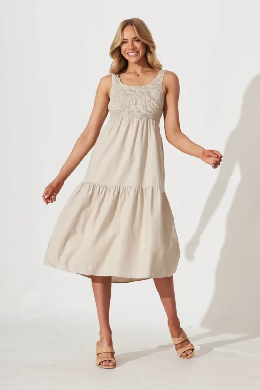 Caribbean Midi Dress In Oatmeal Cotton Linen sold by St Frock