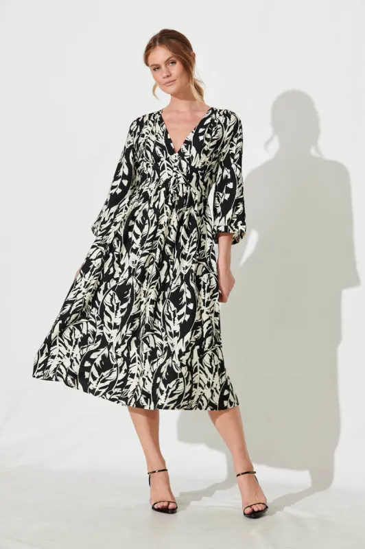 Gilmore Midi Dress In Black With Cream Leaf Cotton Blend sold by St Frock