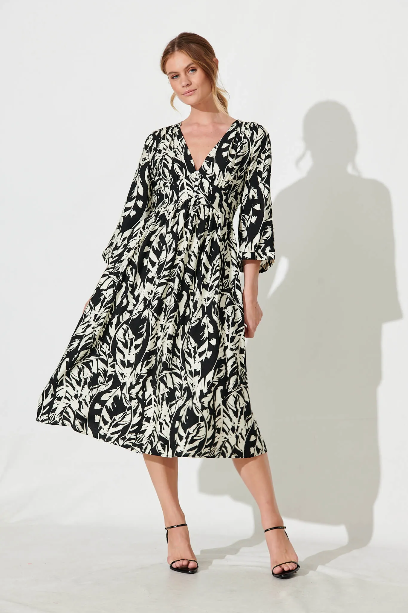 Gilmore Midi Dress In Black With Cream Leaf Cotton Blend sold by St Frock