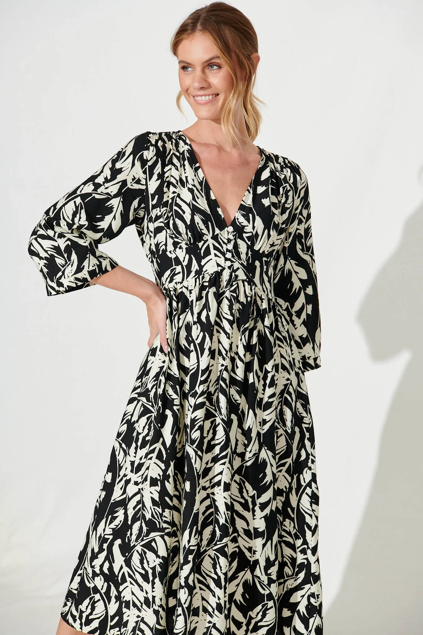 Gilmore Midi Dress In Black With Cream Leaf Cotton Blend sold by St Frock product image thumbnail 2