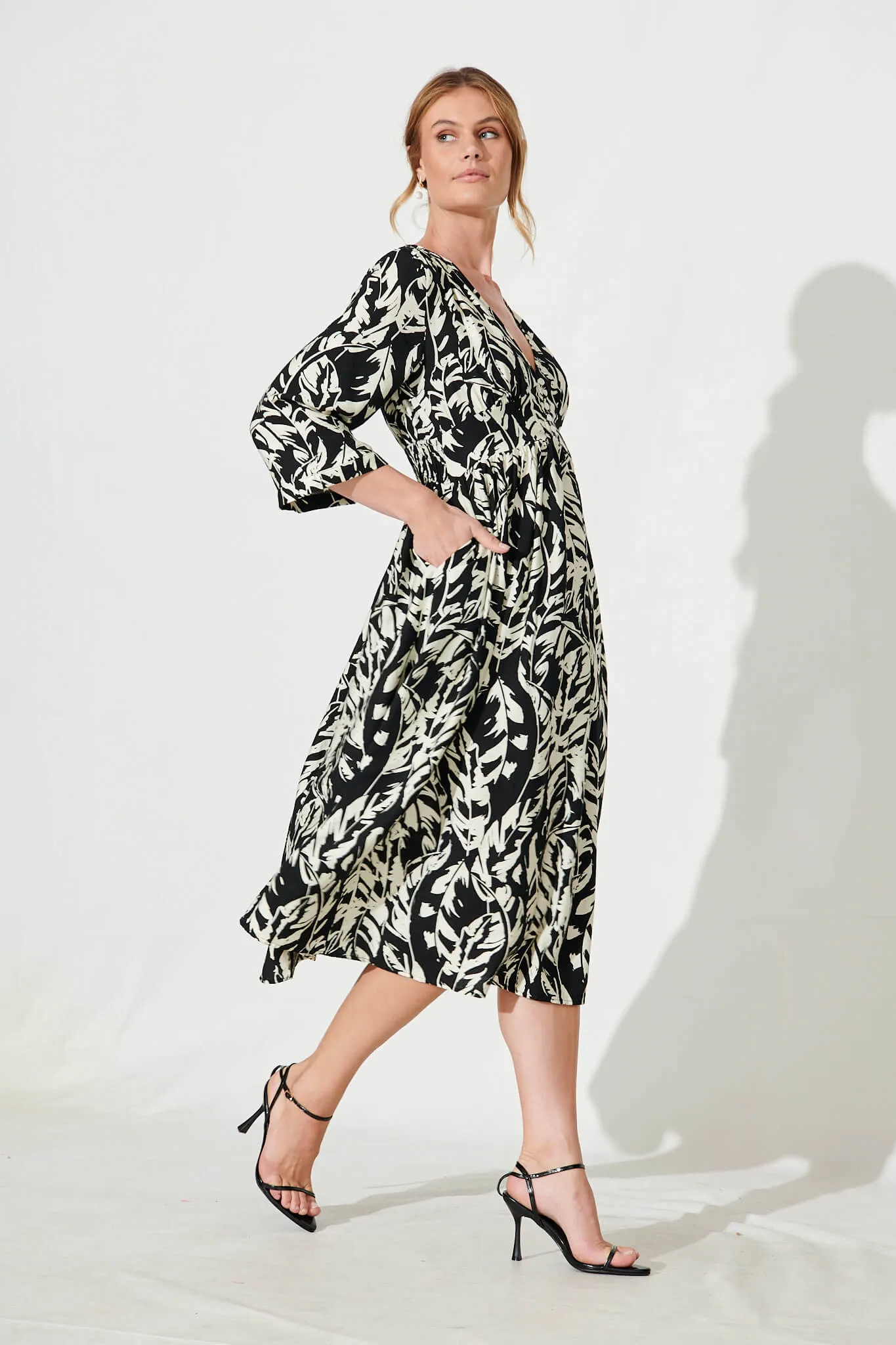 Gilmore Midi Dress In Black With Cream Leaf Cotton Blend sold by St Frock product image thumbnail 3