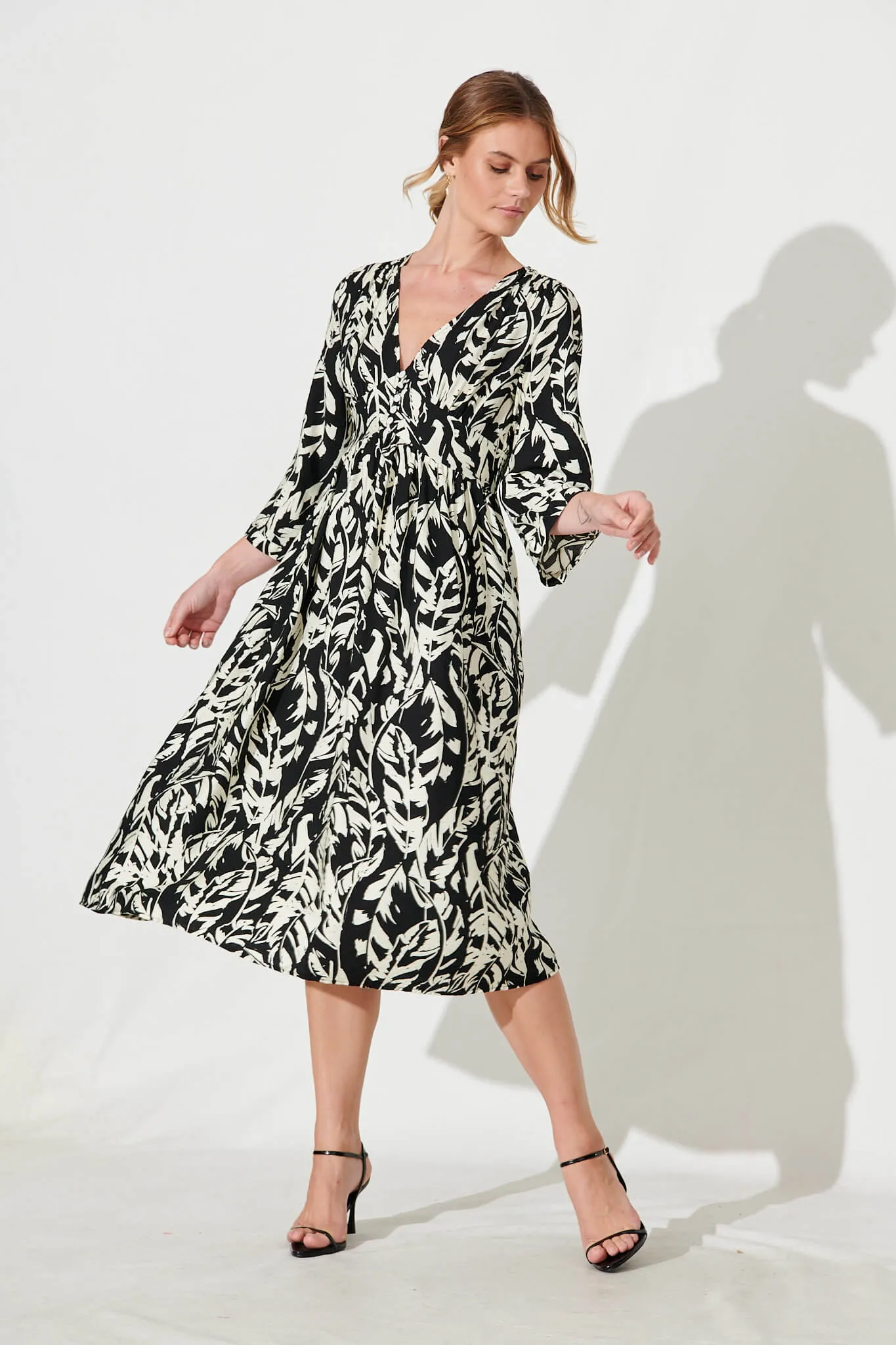 Gilmore Midi Dress In Black With Cream Leaf Cotton Blend sold by St Frock product image thumbnail 5