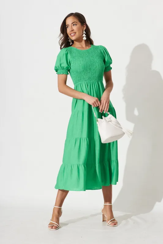 Avril Midi Dress In Green Linen Blend sold by St Frock