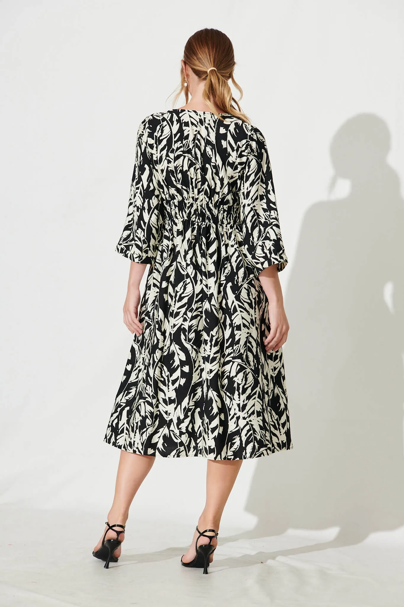 Gilmore Midi Dress In Black With Cream Leaf Cotton Blend sold by St Frock product image thumbnail 4