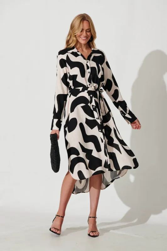 Vivien Midi Shirt Dress In Cream And Black Geo Print Linen Blend sold by St Frock