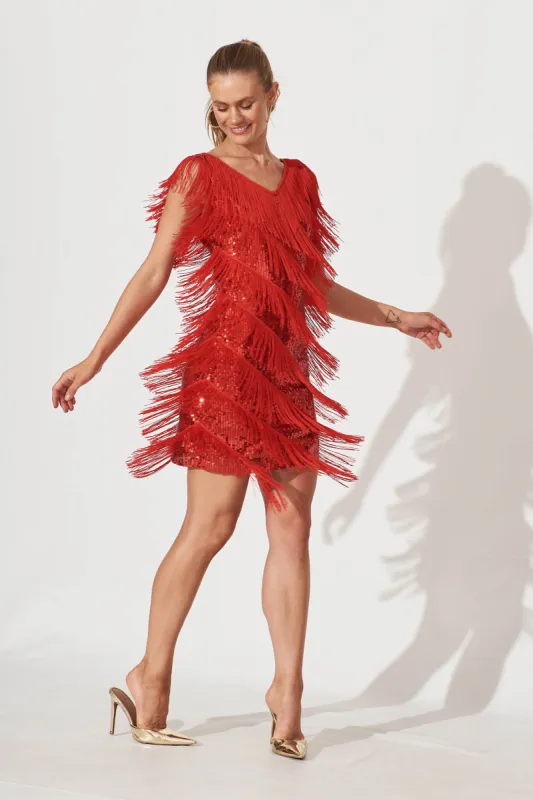 Jovie Dress In Red Fringe Sequin sold by St Frock