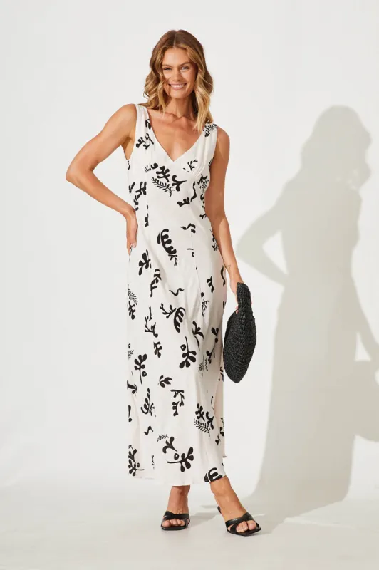 Pheobe Maxi Dress In Pale Pink With Black Print Linen Blend sold by St Frock