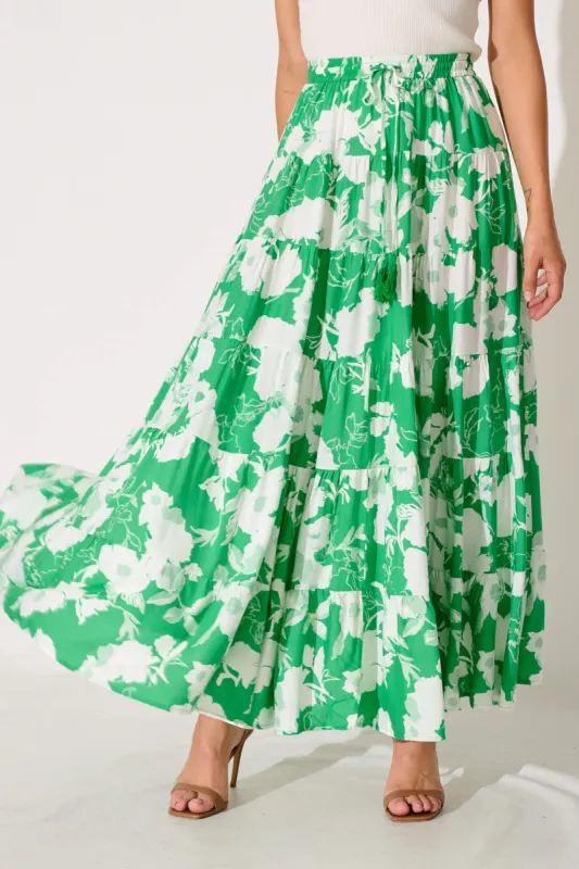 Brice Maxi Skirt In Green With White Floral sold by St Frock